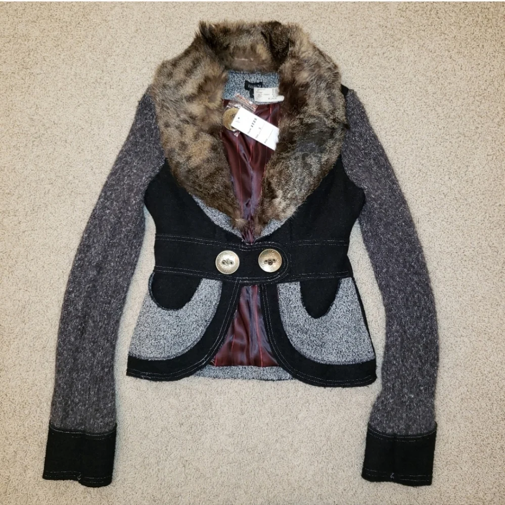Fantazia Tweed Jacket with Fur Collar Size Small Black & Gray NWT